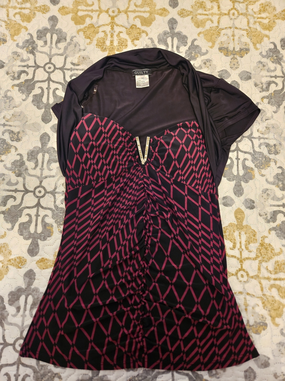 Guilty Purple & Black Geometric Strapless Top with Shrug